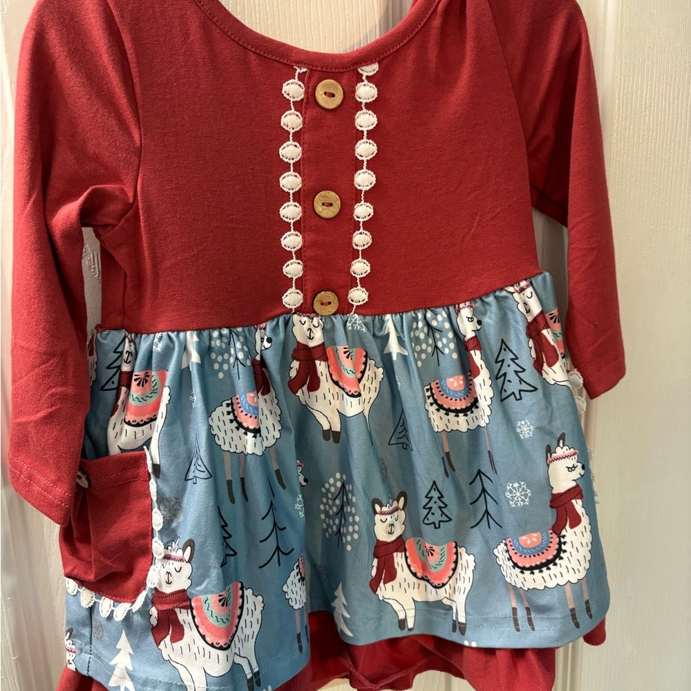 Charming Llama Print Kids Dress in Red and Blue